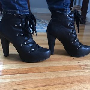 Trouve sexy black heeled leather lace up booties